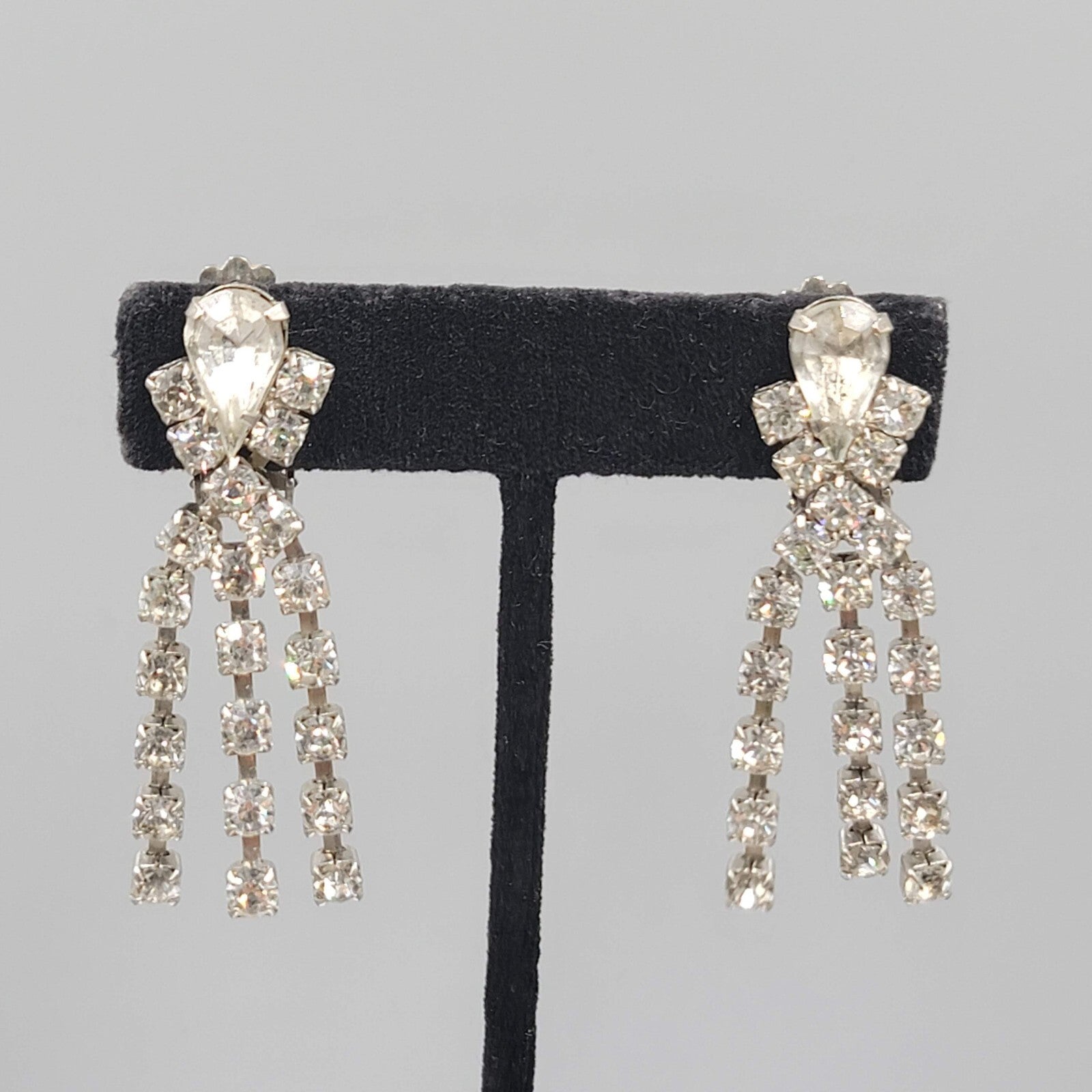 Vintage Long Rhinestone Clip on Earrings Silver tone 2"