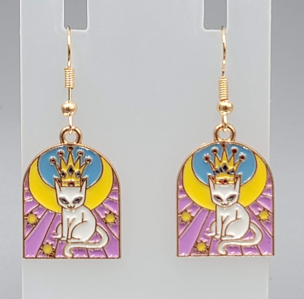 Kitty Cat in the Sun Enamel Pierced Earrings Gold tone Dangle 1 1/8"