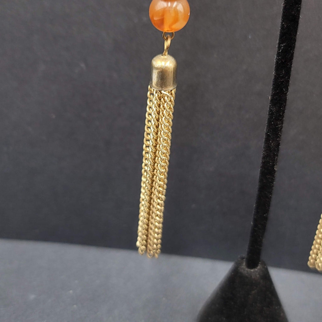 Pierced Earrings Gold tone Multi Chain Orange Bead Extra Long Dangle 4"