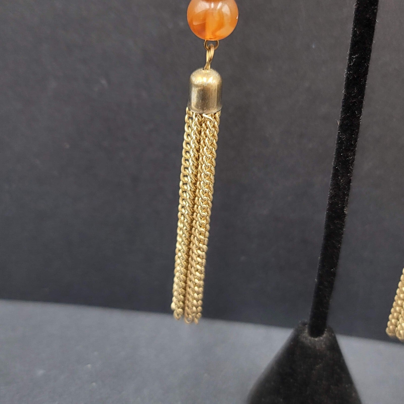 Pierced Earrings Gold tone Multi Chain Orange Bead Extra Long Dangle 4"