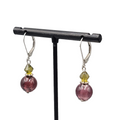 Glass Bead Pierced Earrings Purple Green Silver tone Dangle Leverback 7/8"
