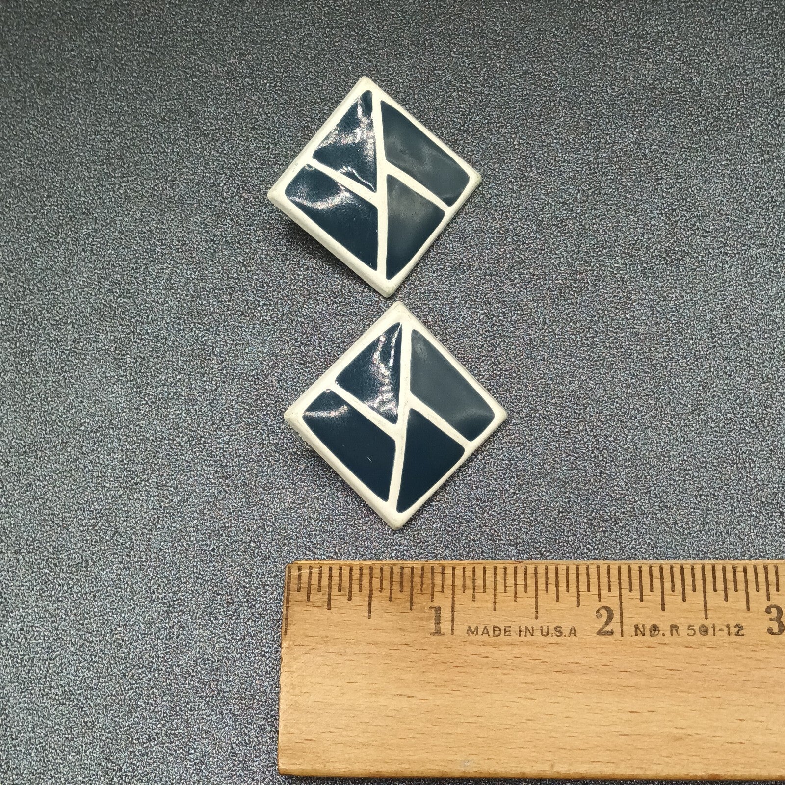 Vintage Pierced Earrings White Blue Enamel Geometric Drop 1 3/8"