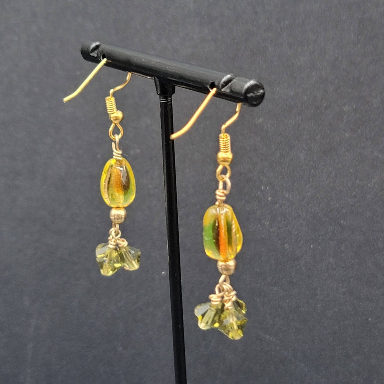 Pierced Earrings Gold tone Art Glass and Green Crystal Beads 1.25"