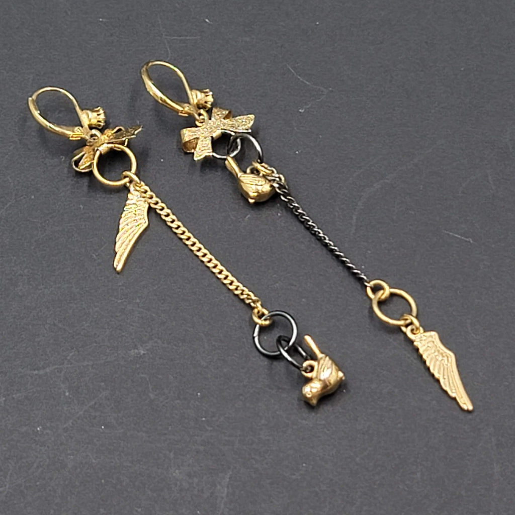Asymmetrical Bows Birds Angel Wings Pierced Earrings Gold tone Dangle 3"