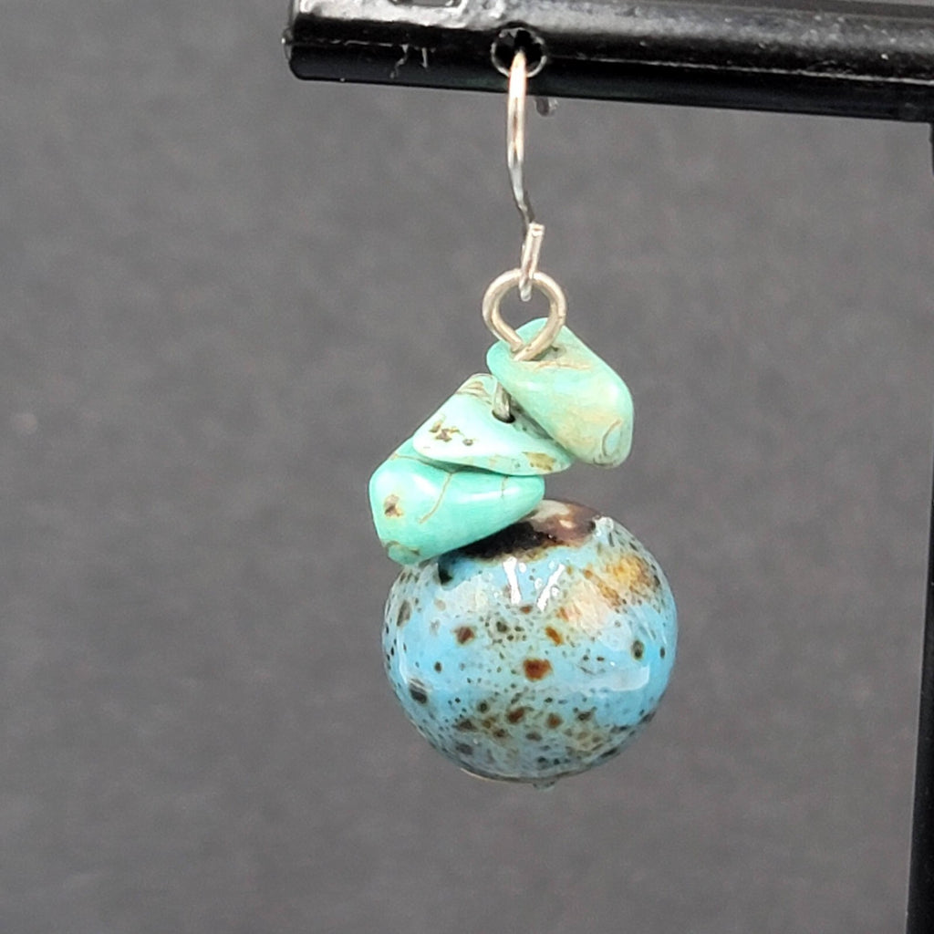Pierced Earrings Silver tone Turquoise Bead Pottery Bead Dangle  1"
