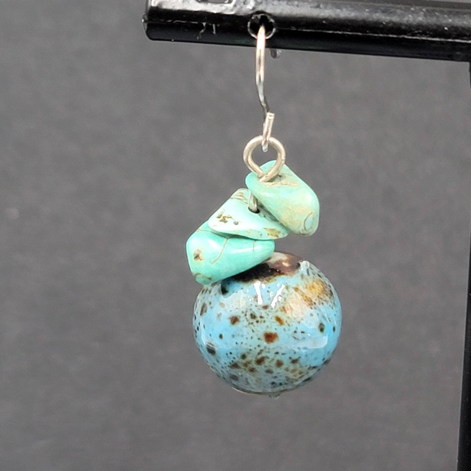 Pierced Earrings Silver tone Turquoise Bead Pottery Bead Dangle  1"