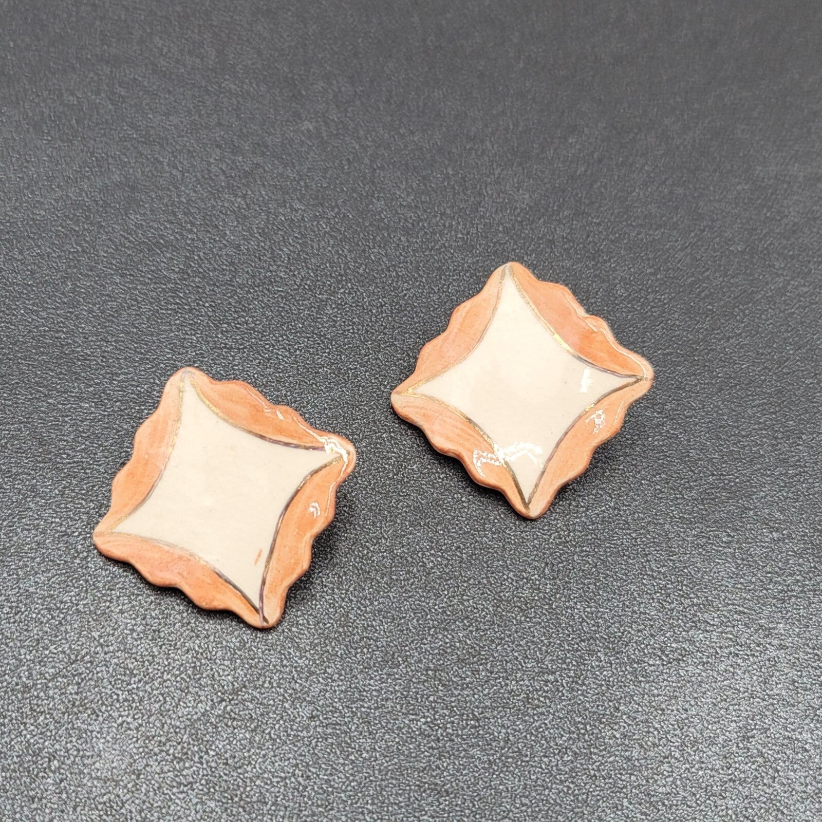 Vintage Pierced Earrings Ceramic Hand Painted Square Drop 1.25"