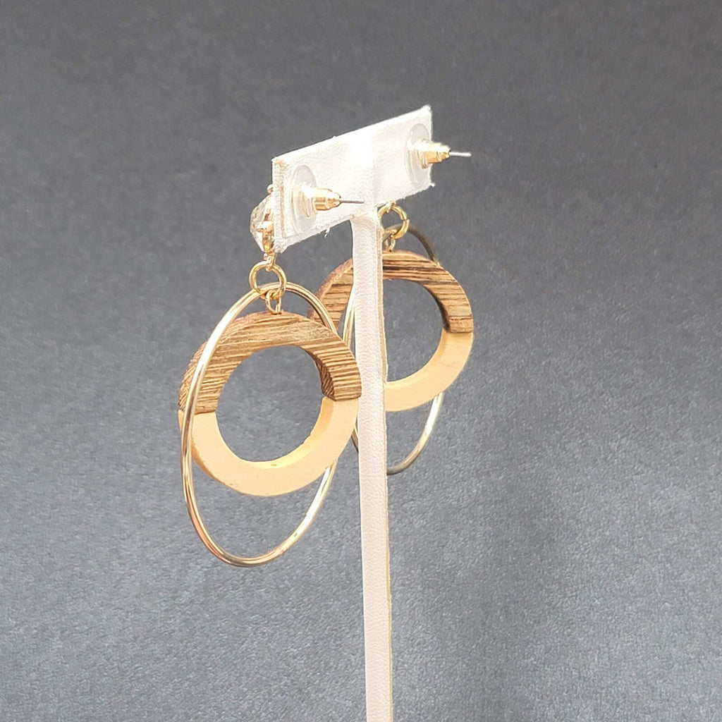 Pierced Earrings Gold tone Wood Rhinestone Hoops Dangle 2 1/4"