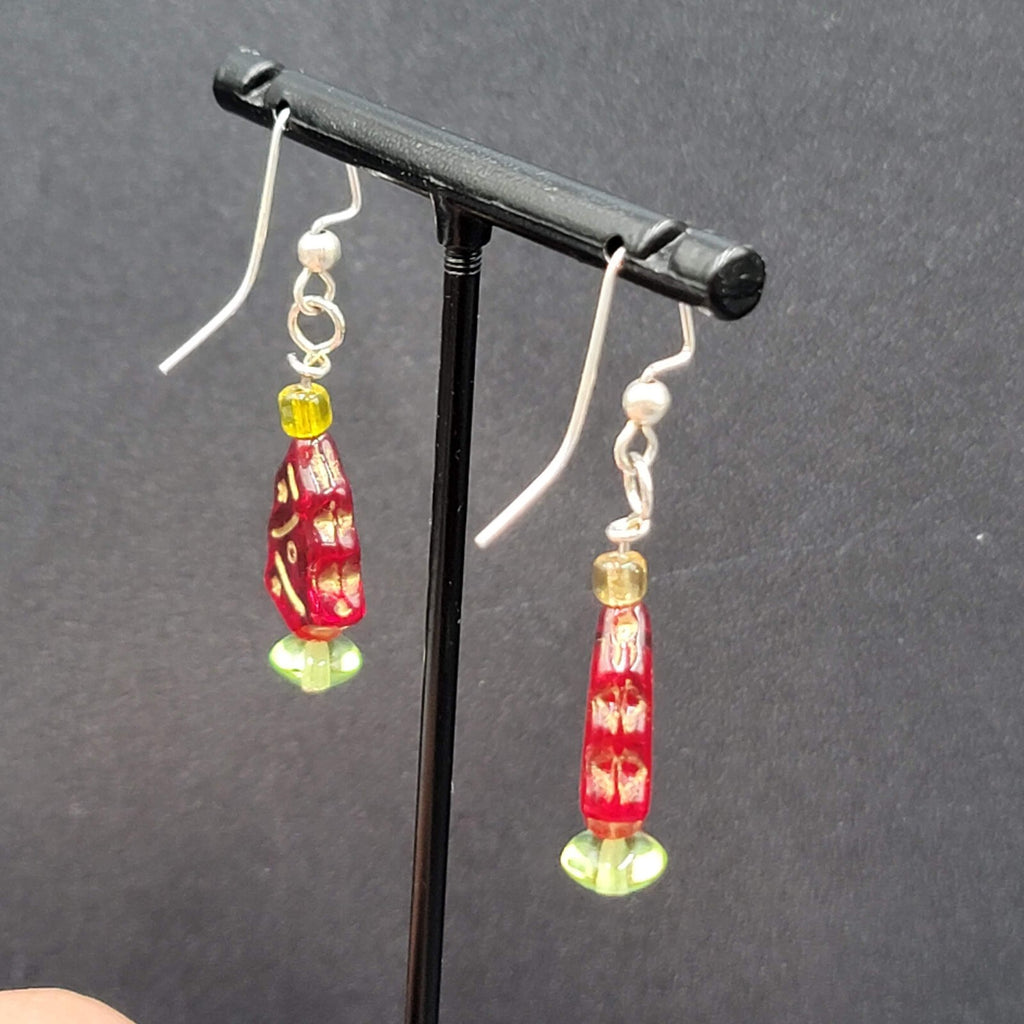 Pierced Earrings Silver tone Red Glass Bead Christmas Tree Dangle 1"