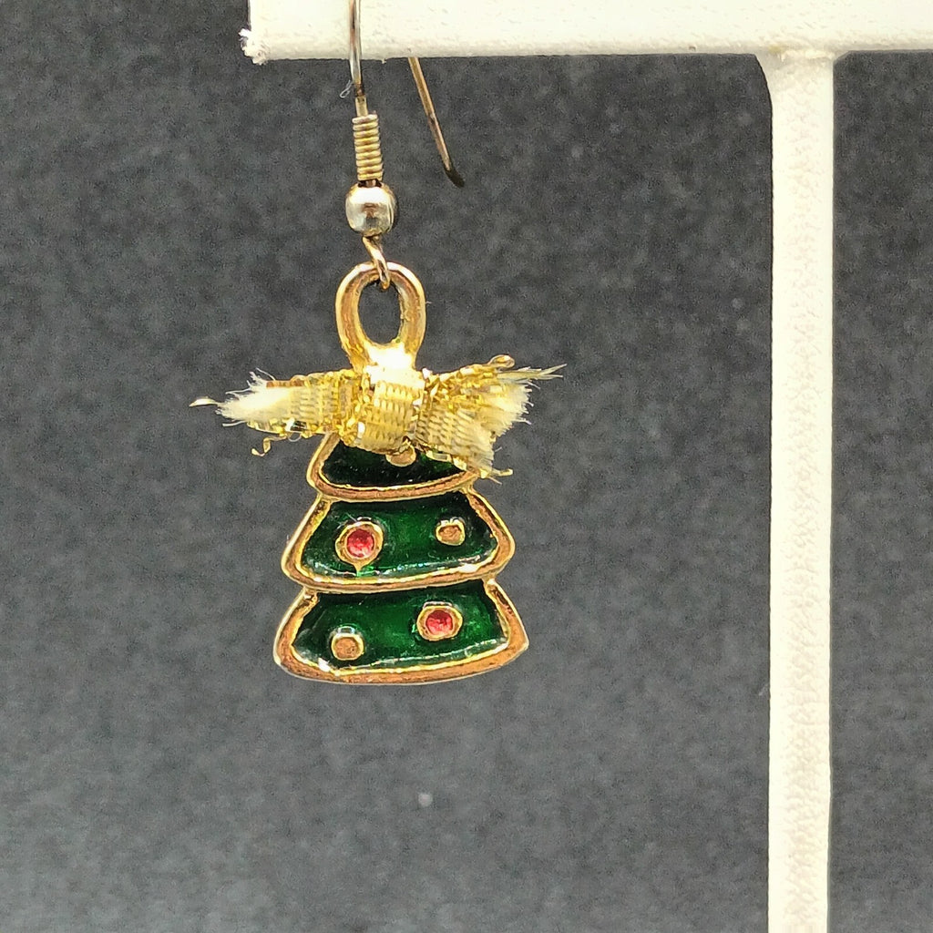 Pierced Earrings Gold tone Green Enamel Christmas Tree Bow Dangle 1"