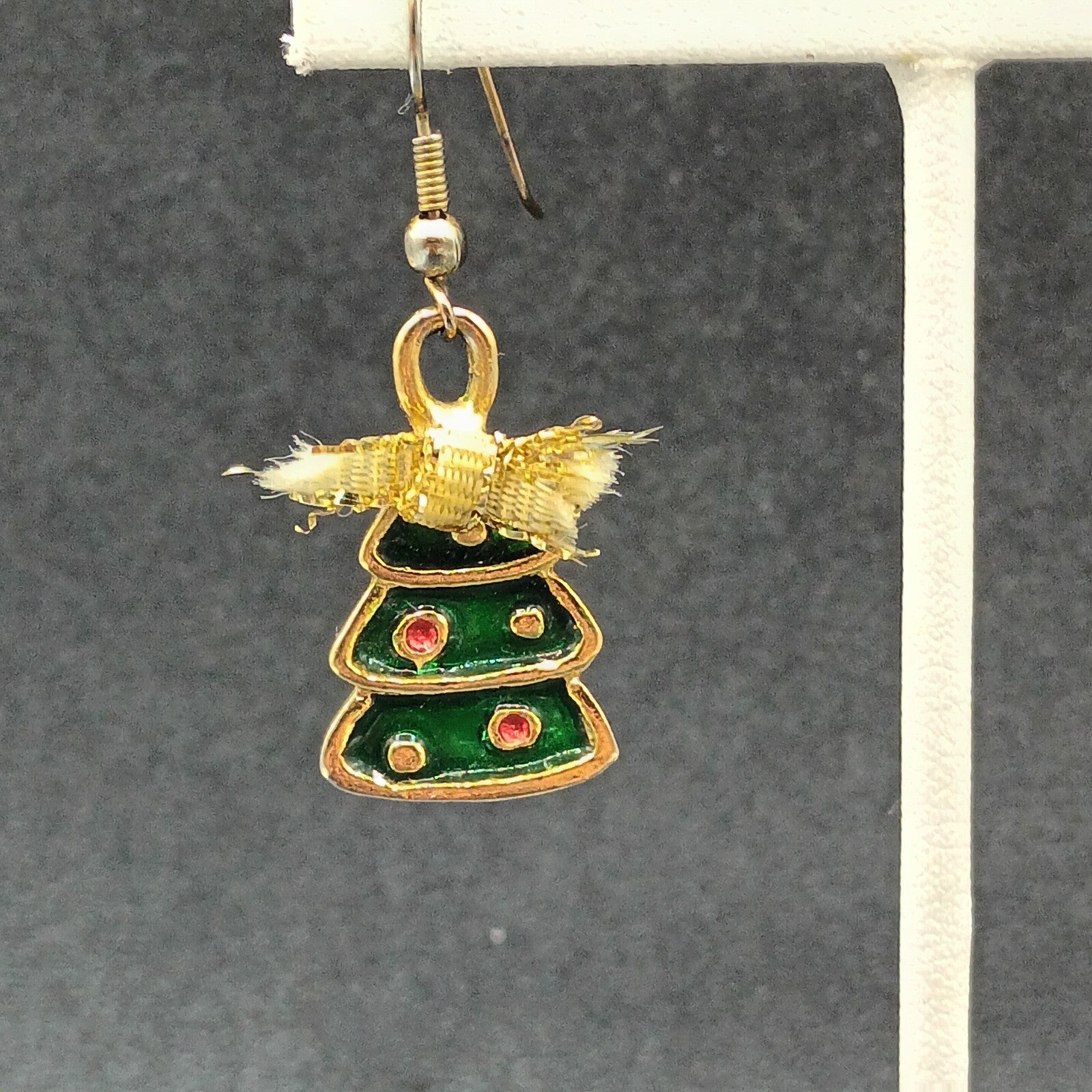 Pierced Earrings Gold tone Green Enamel Christmas Tree Bow Dangle 1"