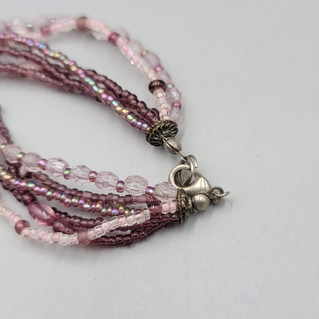 Multi Strand Purple Seed Bead Necklace Silver tone Pendant 18"