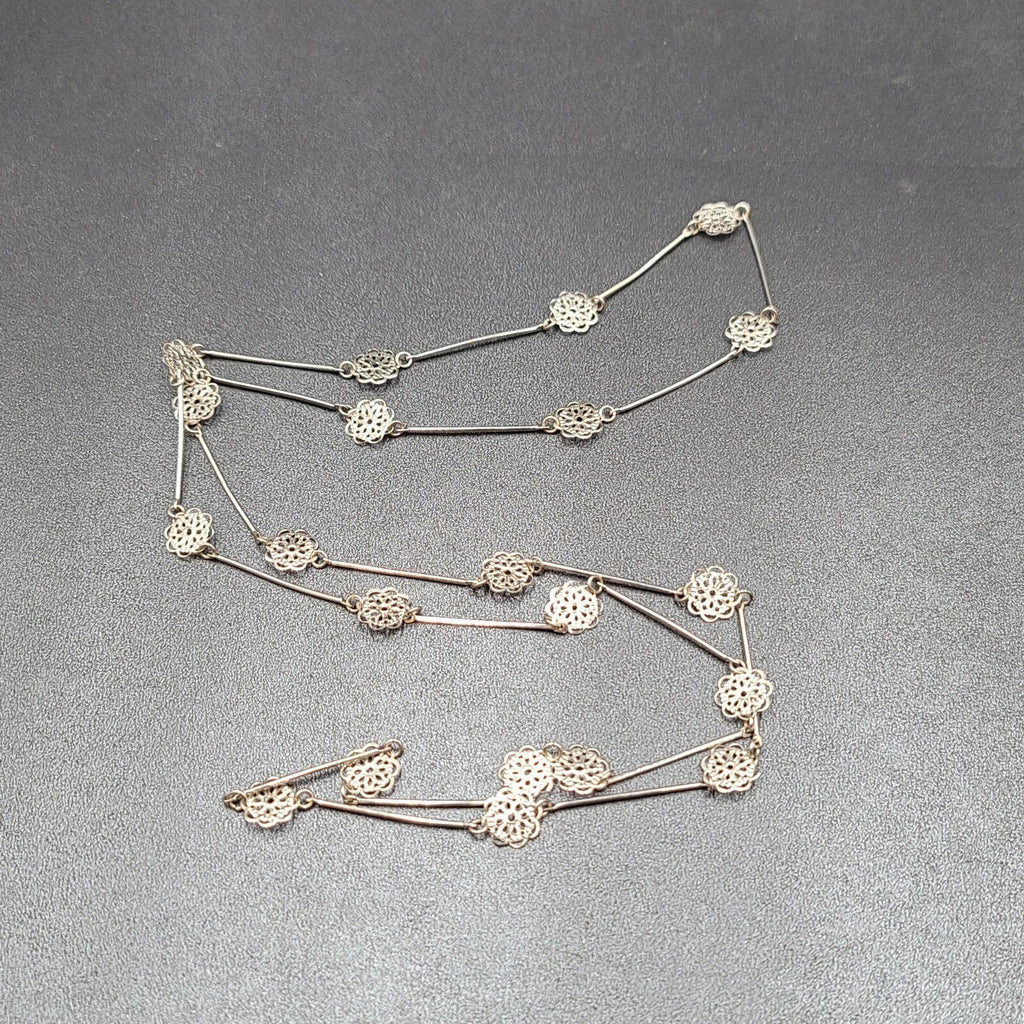 Vintage Necklace Silver tone Filigree Flower Station Chain Long 38"