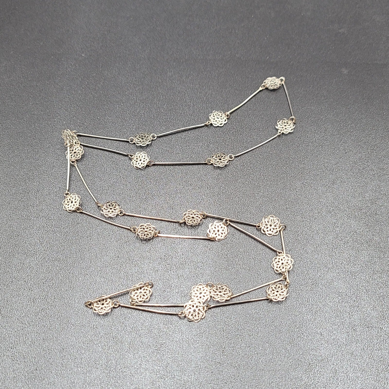 Vintage Necklace Silver tone Filigree Flower Station Chain Long 38"