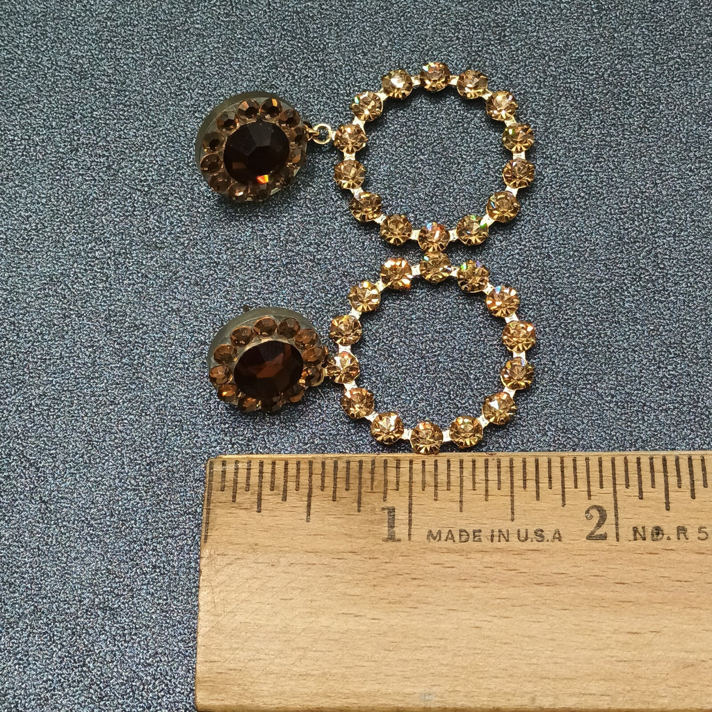 Pierced Earrings Gold tone Brown Faceted Crystal Open Round Dangle 1 7/8"