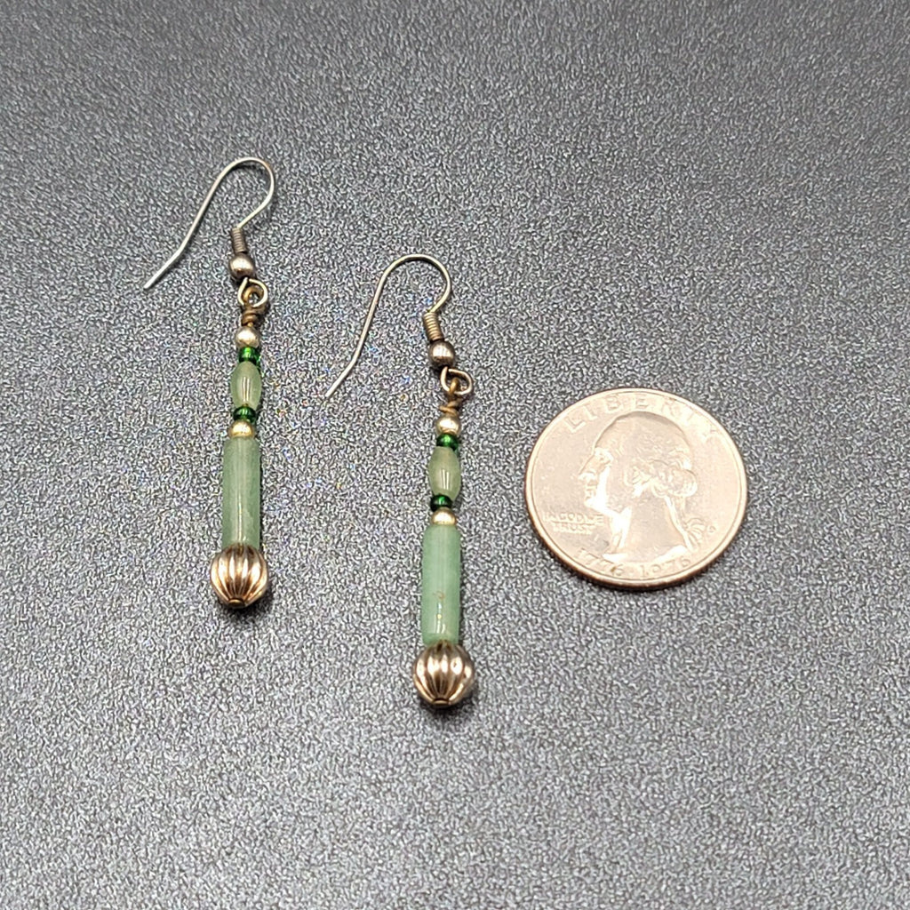 Pierced Earrings Silver tone Jade Beaded Long Thin Dangle  1.5"