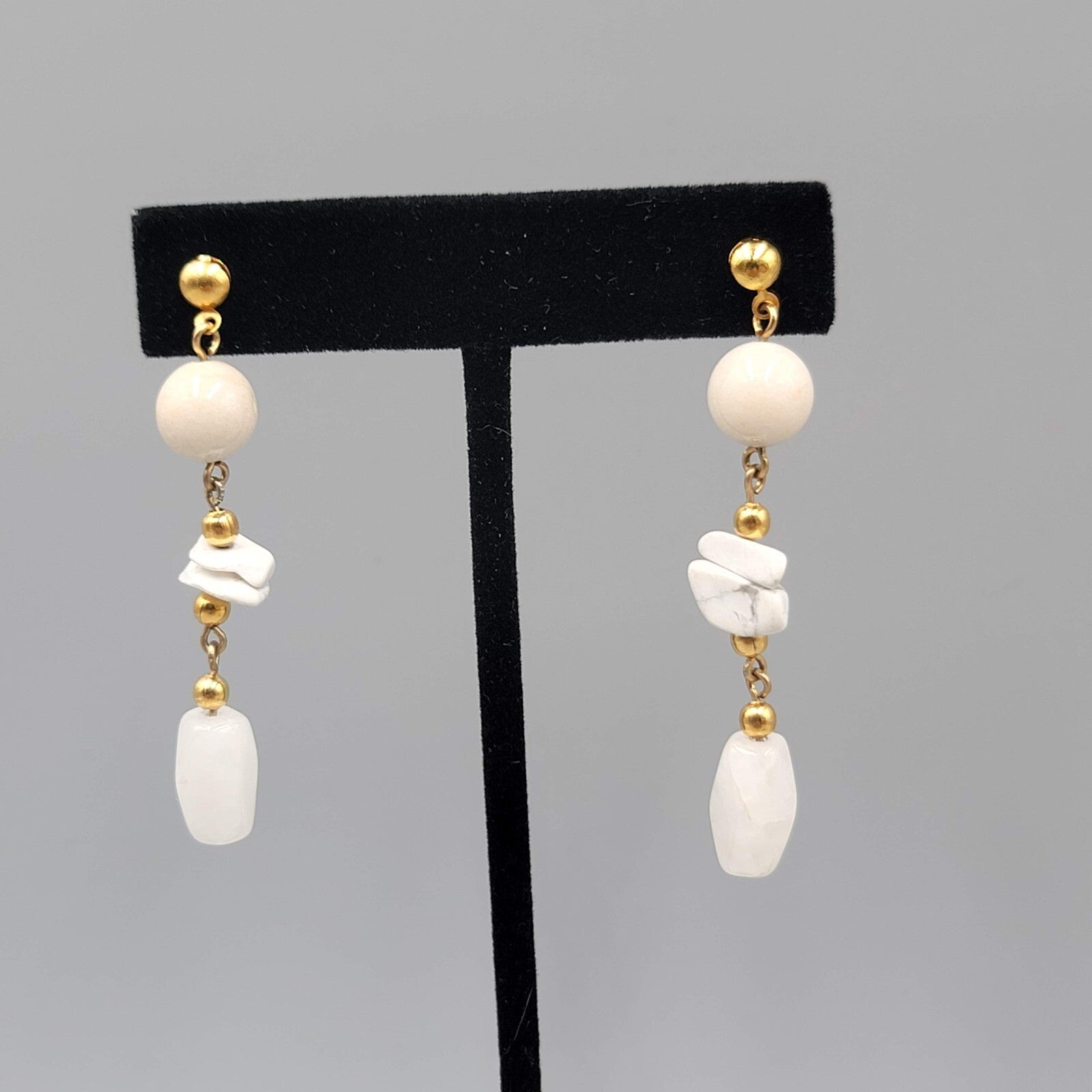 Vintage Pierced Earrings Gold tone White Stone Bead 2.25"