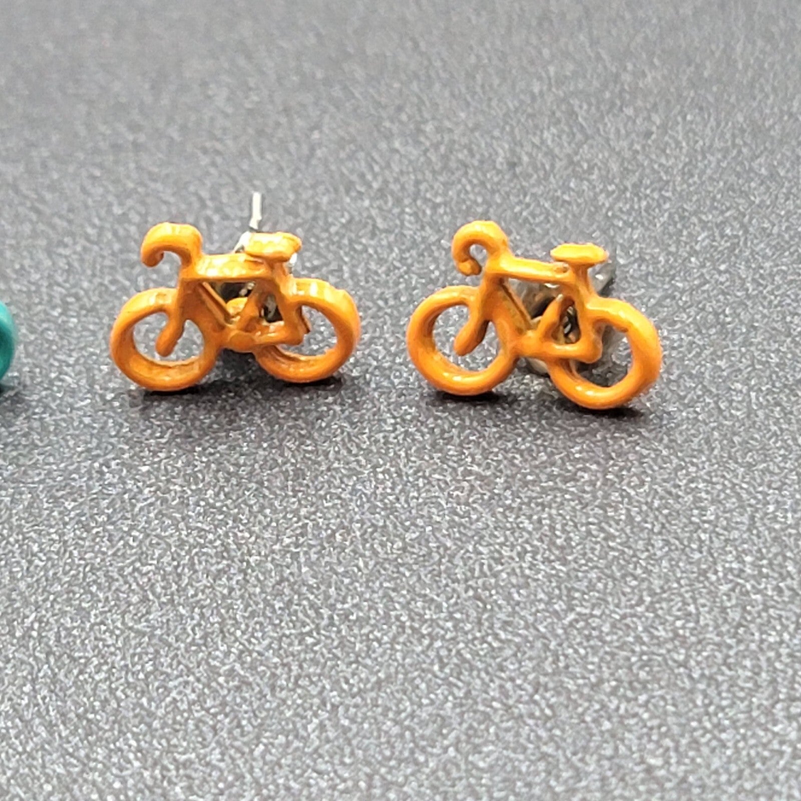 Vintage Bicycle Pierced Stud Earrings Lot of 2 Enamel Blue Orange 3/8"