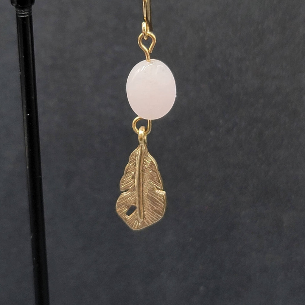 Pierced Earrings Gold tone Pink Quartz Metal Feather Dangle 1 3/8"
