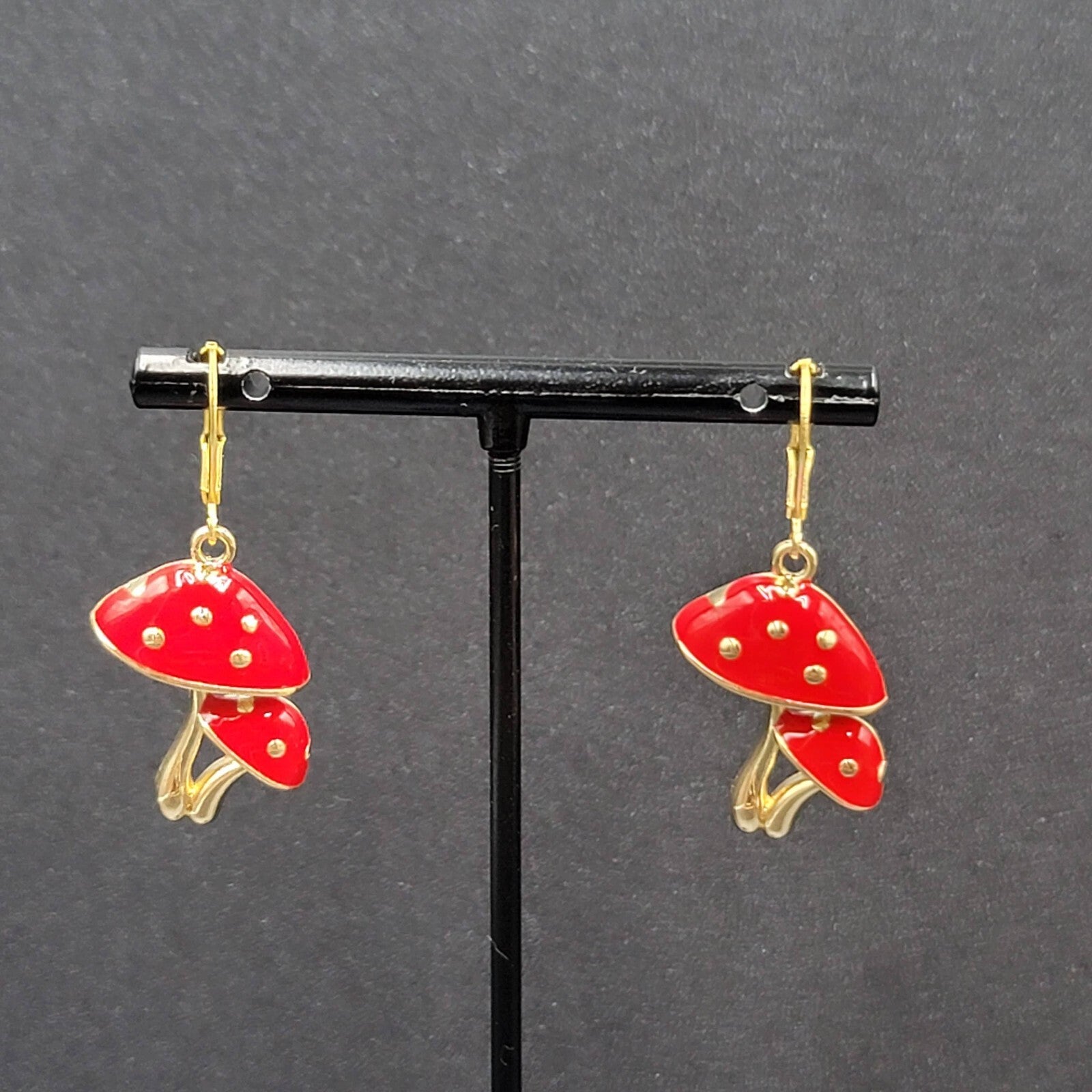 Double Mushroom Pierced Earrings Gold tone Enamel Red White Polka Dot Dangle 1"