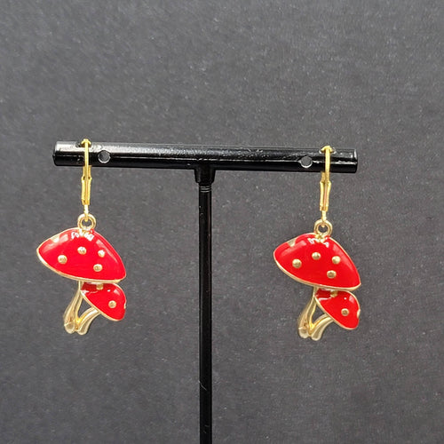 Double Mushroom Pierced Earrings Gold tone Enamel Red White Polka Dot Dangle 1"