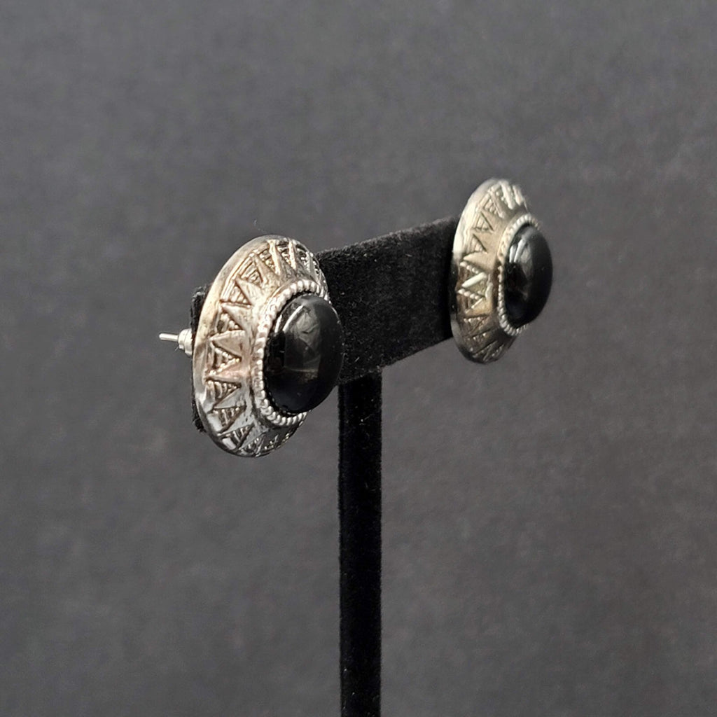 Vintage Pierced Earrings Silver tone Black Acrylic Cabochon Round Studs 1"
