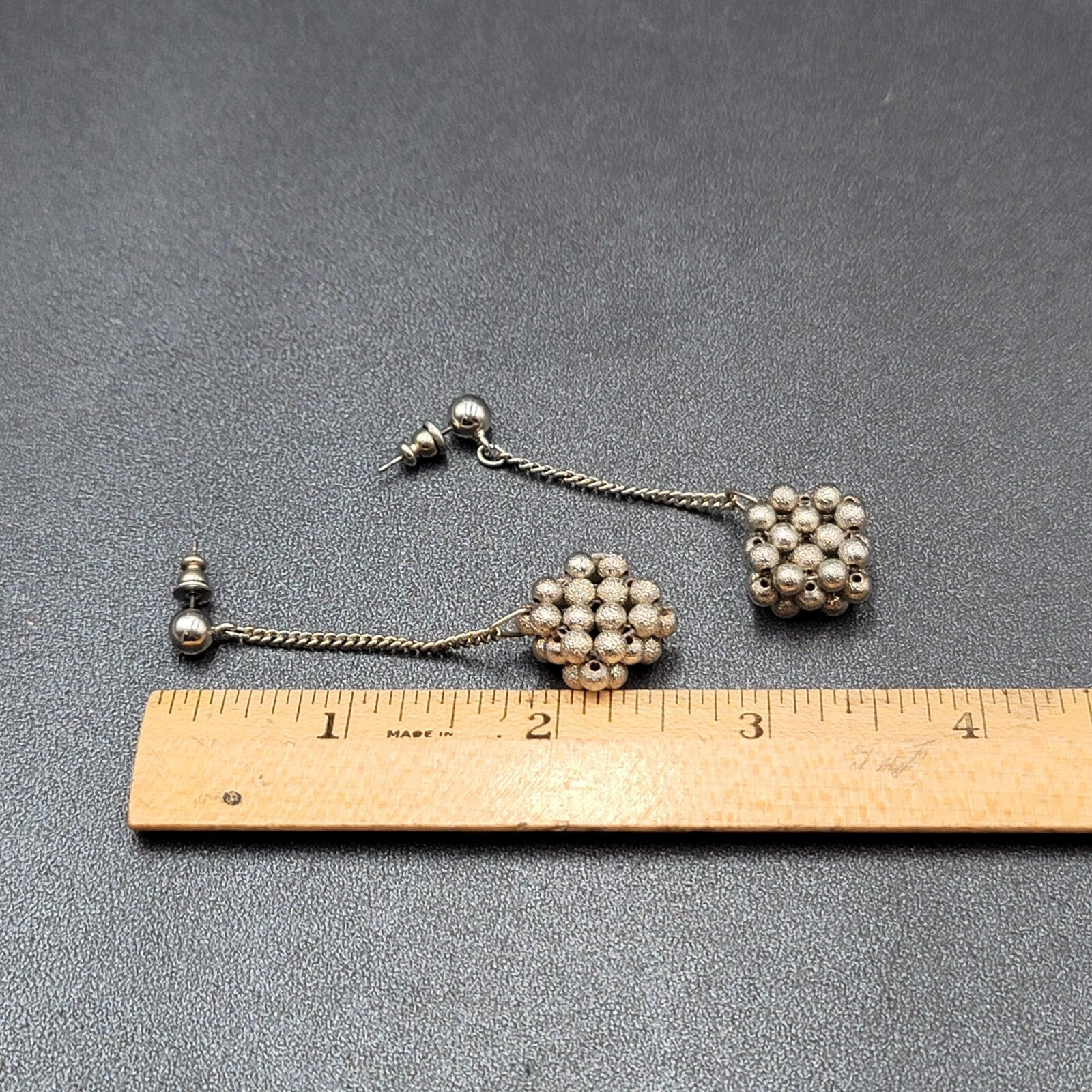 Vintage Pierced Earrings Silver tone Bead Cluster Dangle Unique 2.5"