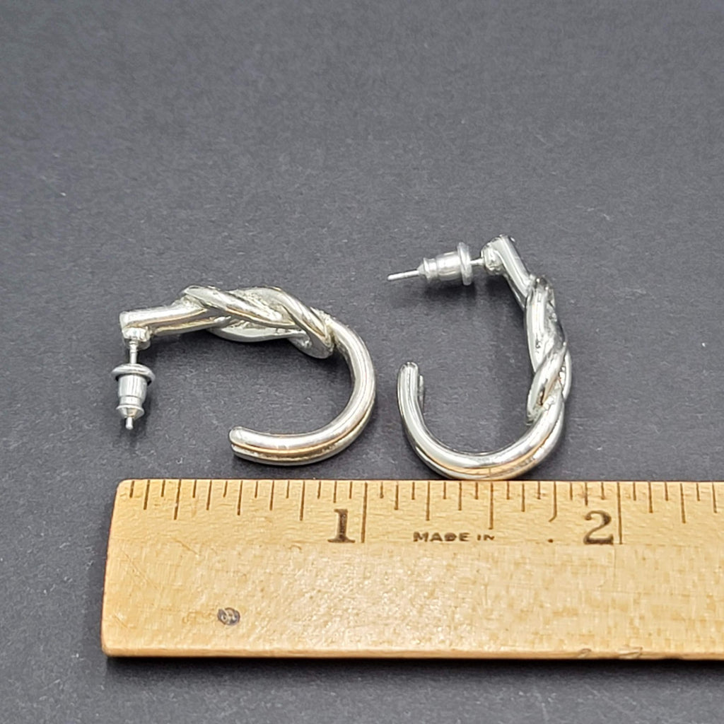Square Knot Half Hoop Drop Pierced Earrings Silver tone 1"