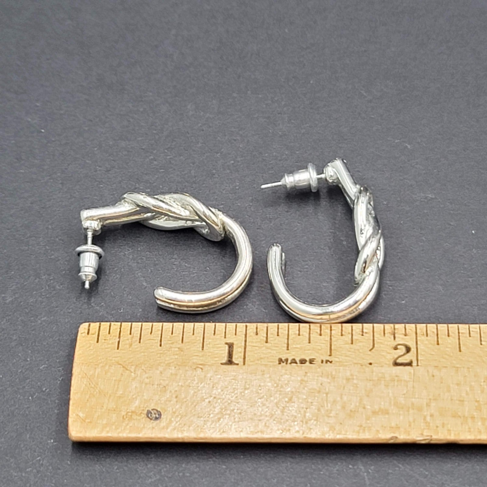 Square Knot Half Hoop Drop Pierced Earrings Silver tone 1"
