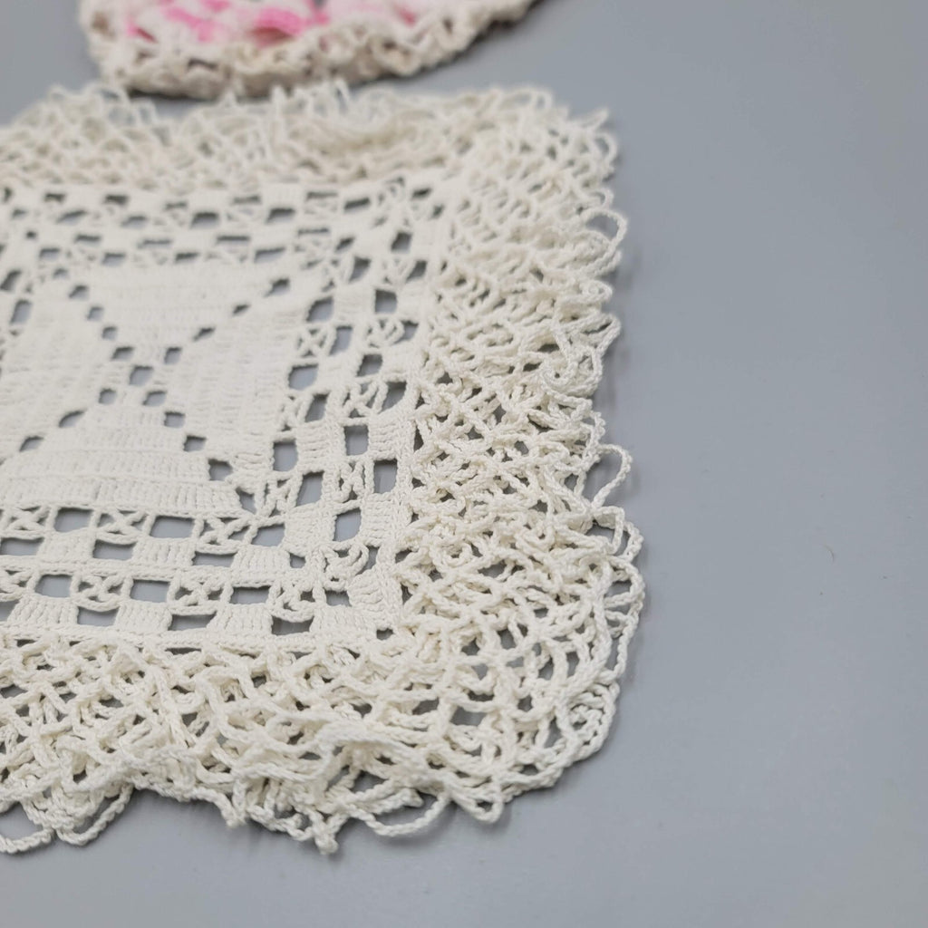 2 Vintage Crocheted Doilies Pink White Green Flowers