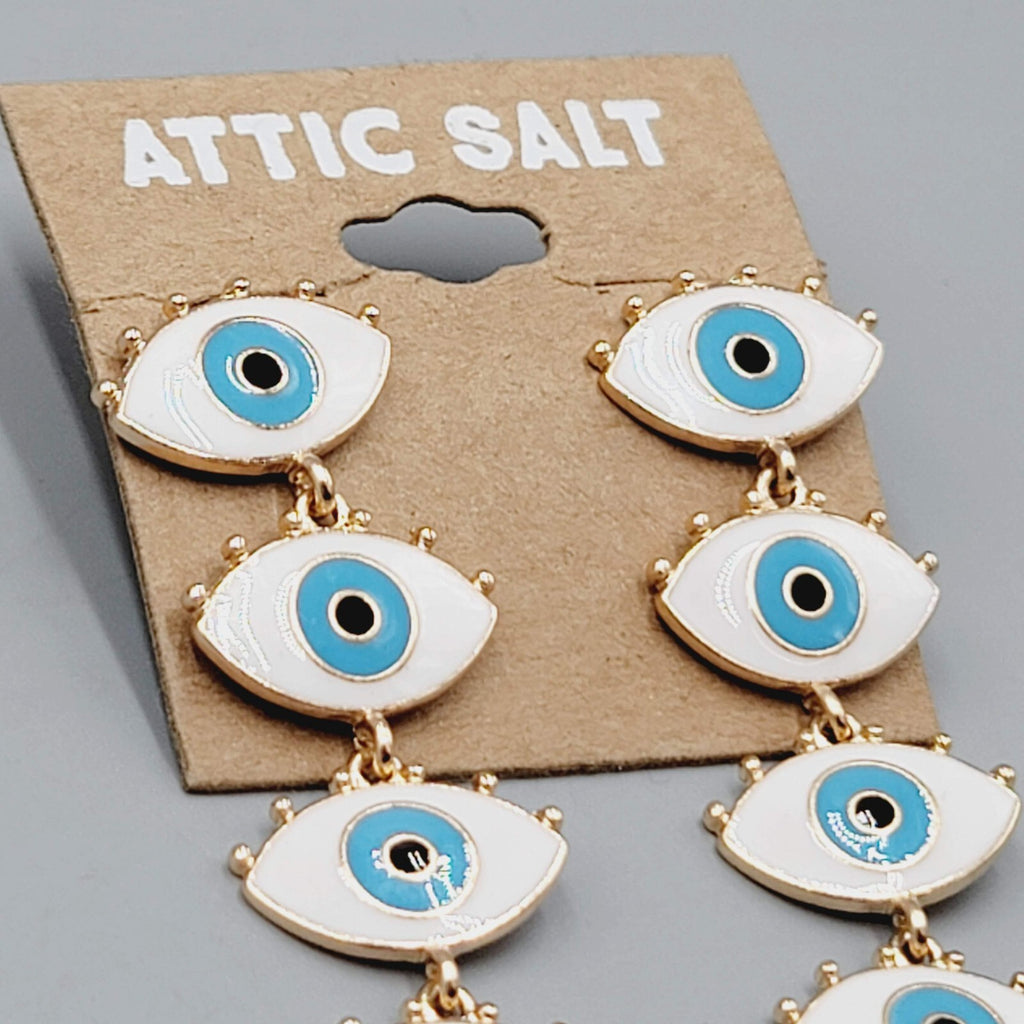 Attic Salt EYE Pierced Earrings Blue Eyes Dangle Gold tone NWT 2.25"