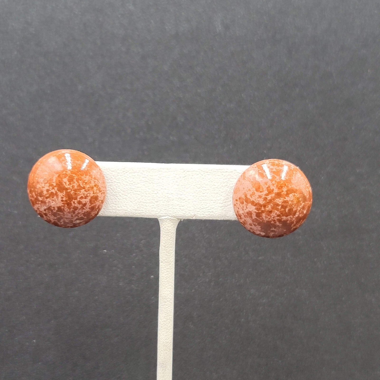 Vintage Pierced Earrings Bron Enamel Speckled Dome Studs 3/4"
