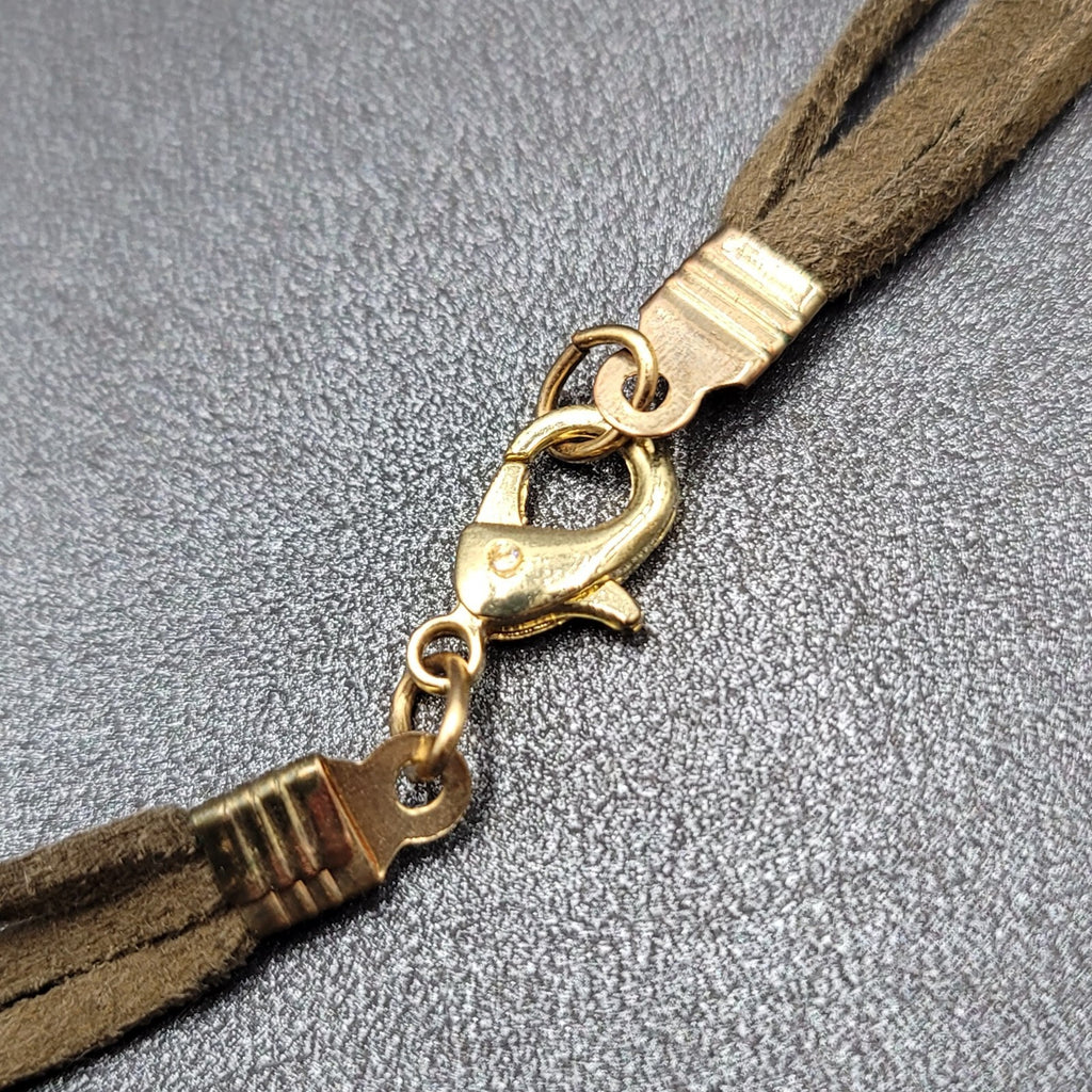 Long Statement Necklace Green Suede Triple Cord Gold tone Pendant 54"