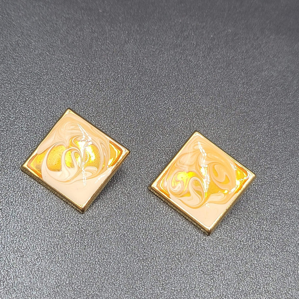 Vintage Pierced Earrings Gold tone Swirl White Gold Enamel Square Drop 1 3/8"