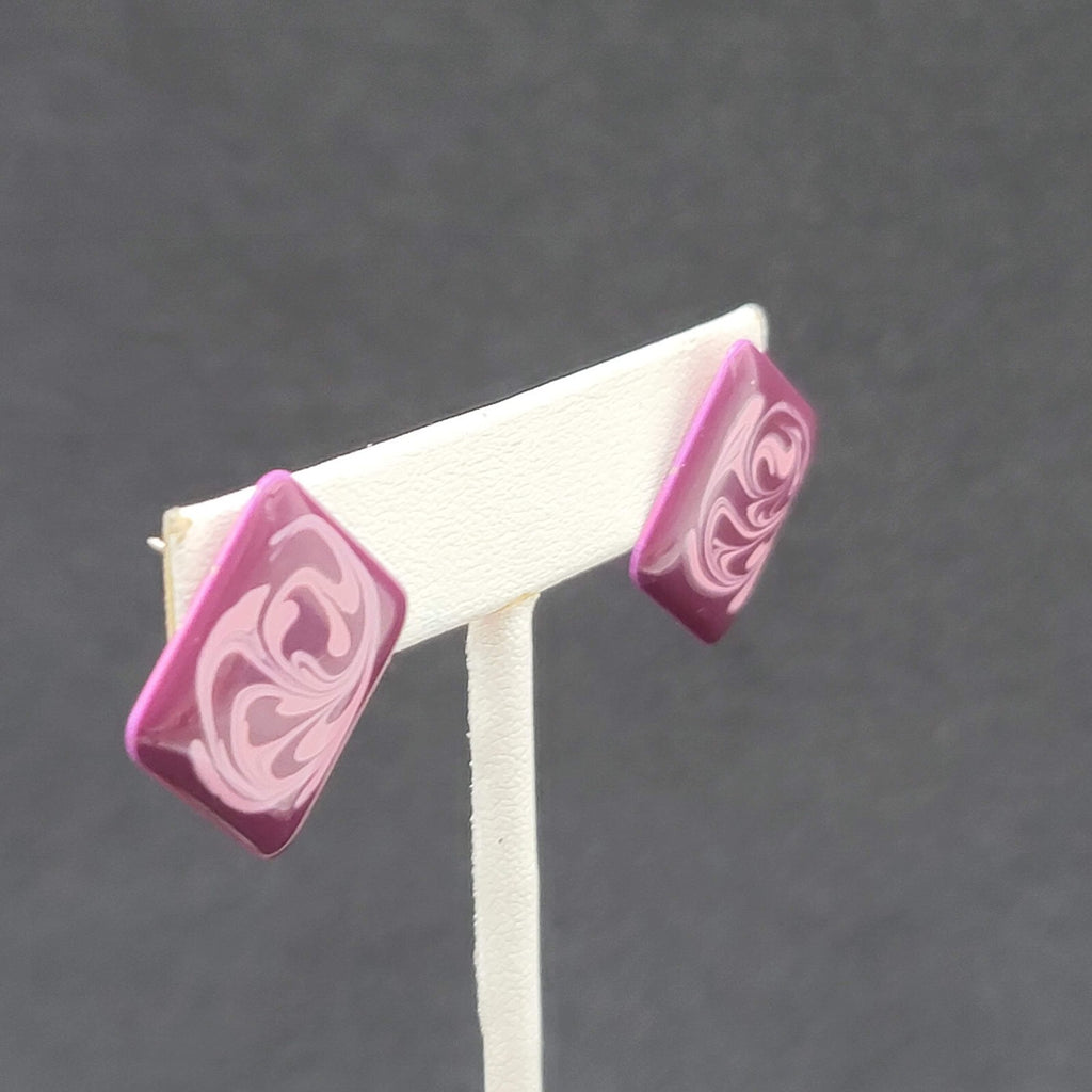 Vintage Pierced Earrings Purple Swirl Enamel over Metal Square Drop 1"