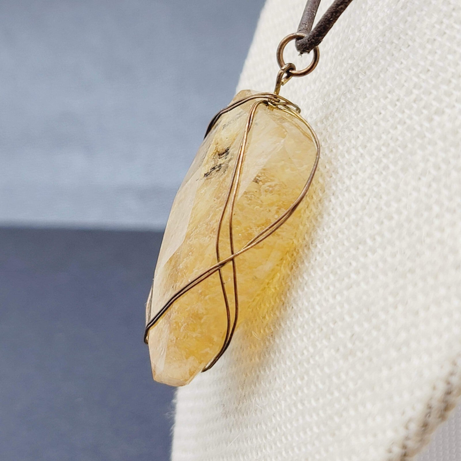 Natural Quartz Pendant Necklace Brown Leather Cord 16"-19"