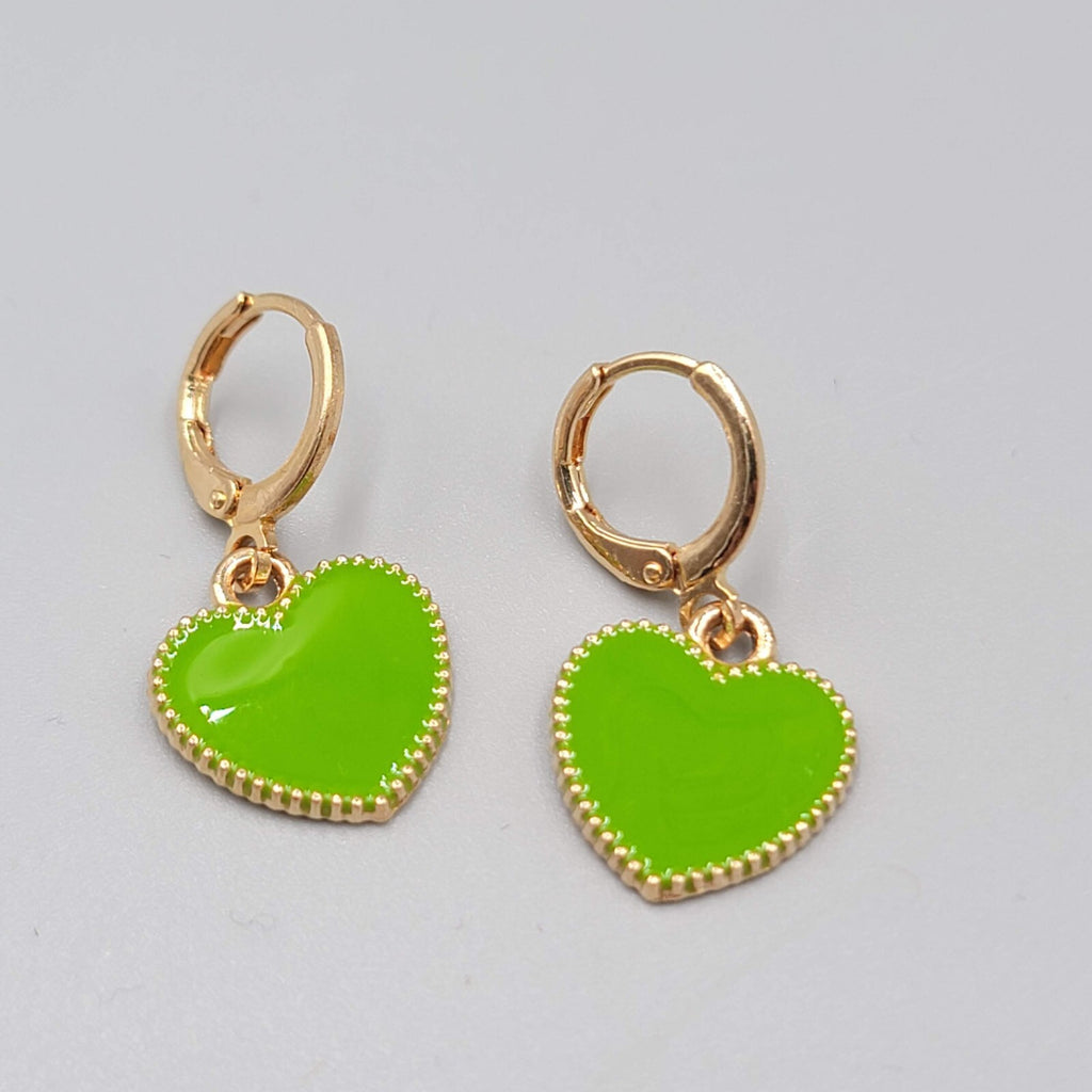 Green Enamel Heart Pierced Earrings Gold tone Huggie Hoops Dangle 5/8"