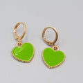 Green Enamel Heart Pierced Earrings Gold tone Huggie Hoops Dangle 5/8"