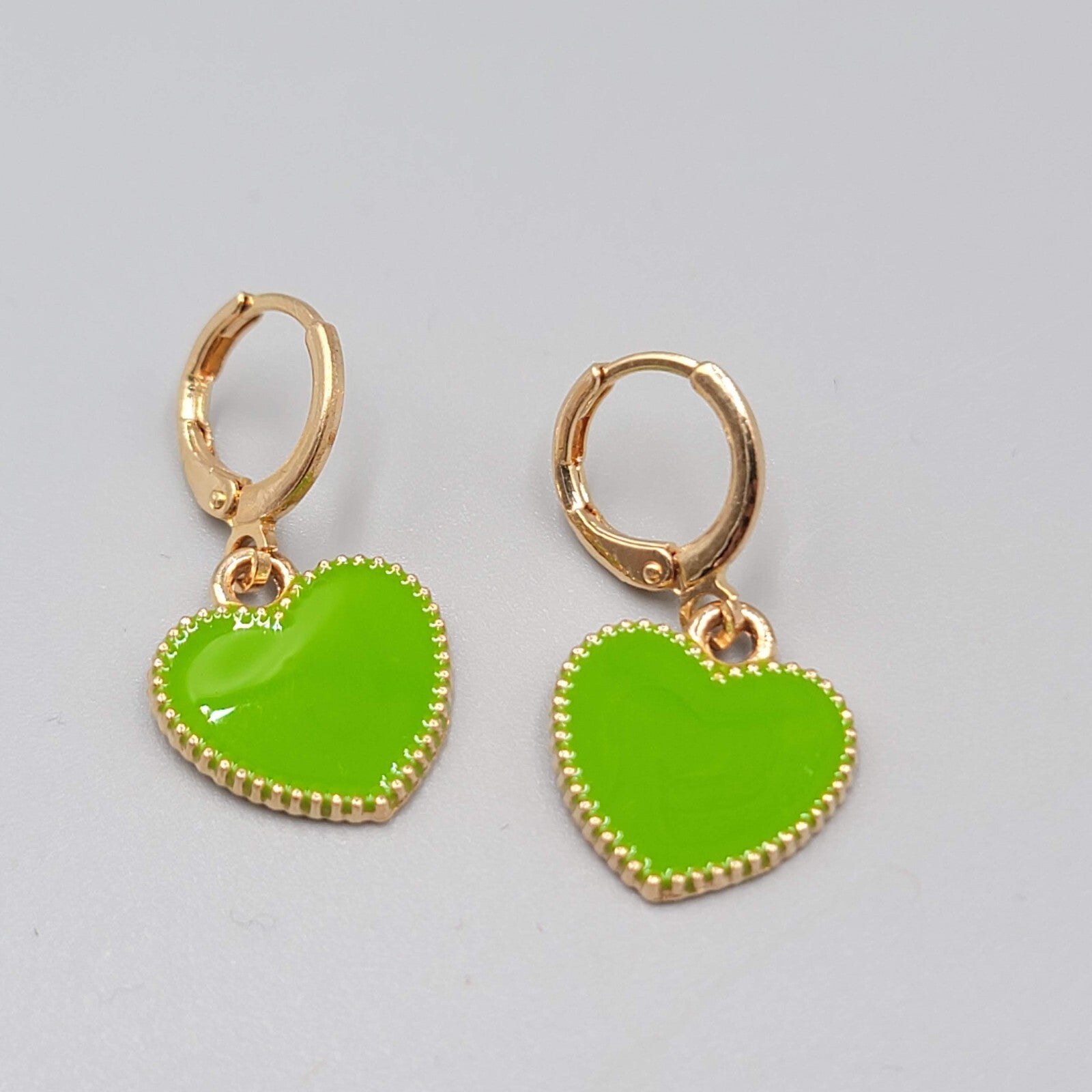Green Enamel Heart Pierced Earrings Gold tone Huggie Hoops Dangle 5/8"