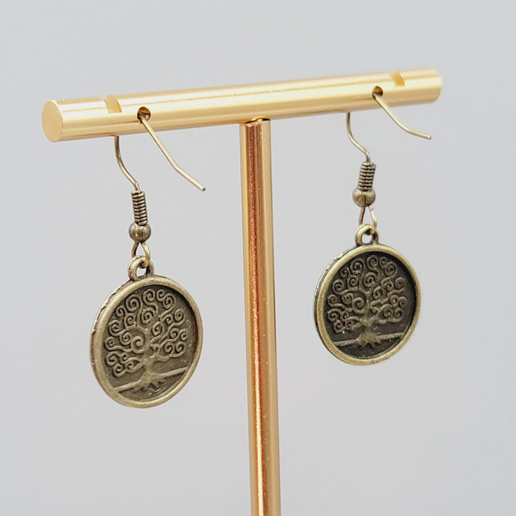 Round Tree Pierced Earrings Bronze tone Embossed Dangle 5/8"