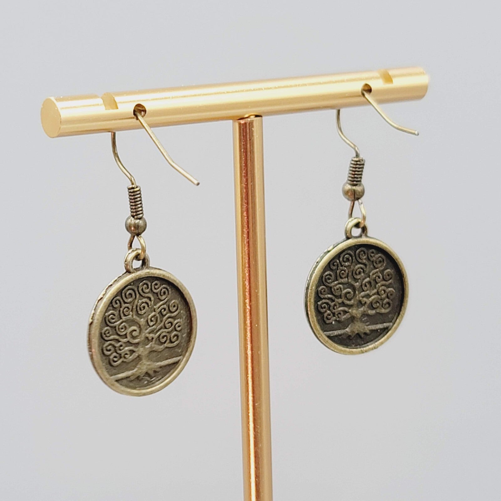 Round Tree Pierced Earrings Bronze tone Embossed Dangle 5/8"