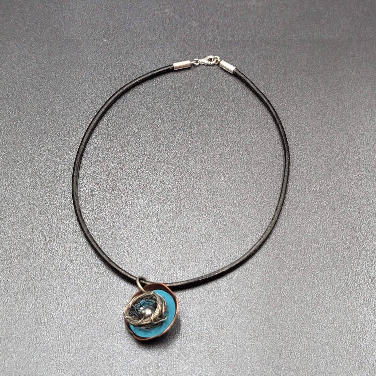 Artisan Birds Nest Necklace Leather Cord Blue Enamel Black Pearl 16"