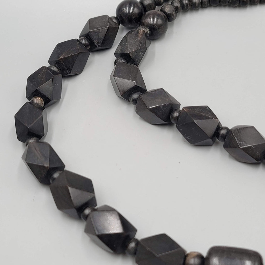 Vintage Large Black Wood Bead Statement Necklace Estate Costume Jewelry