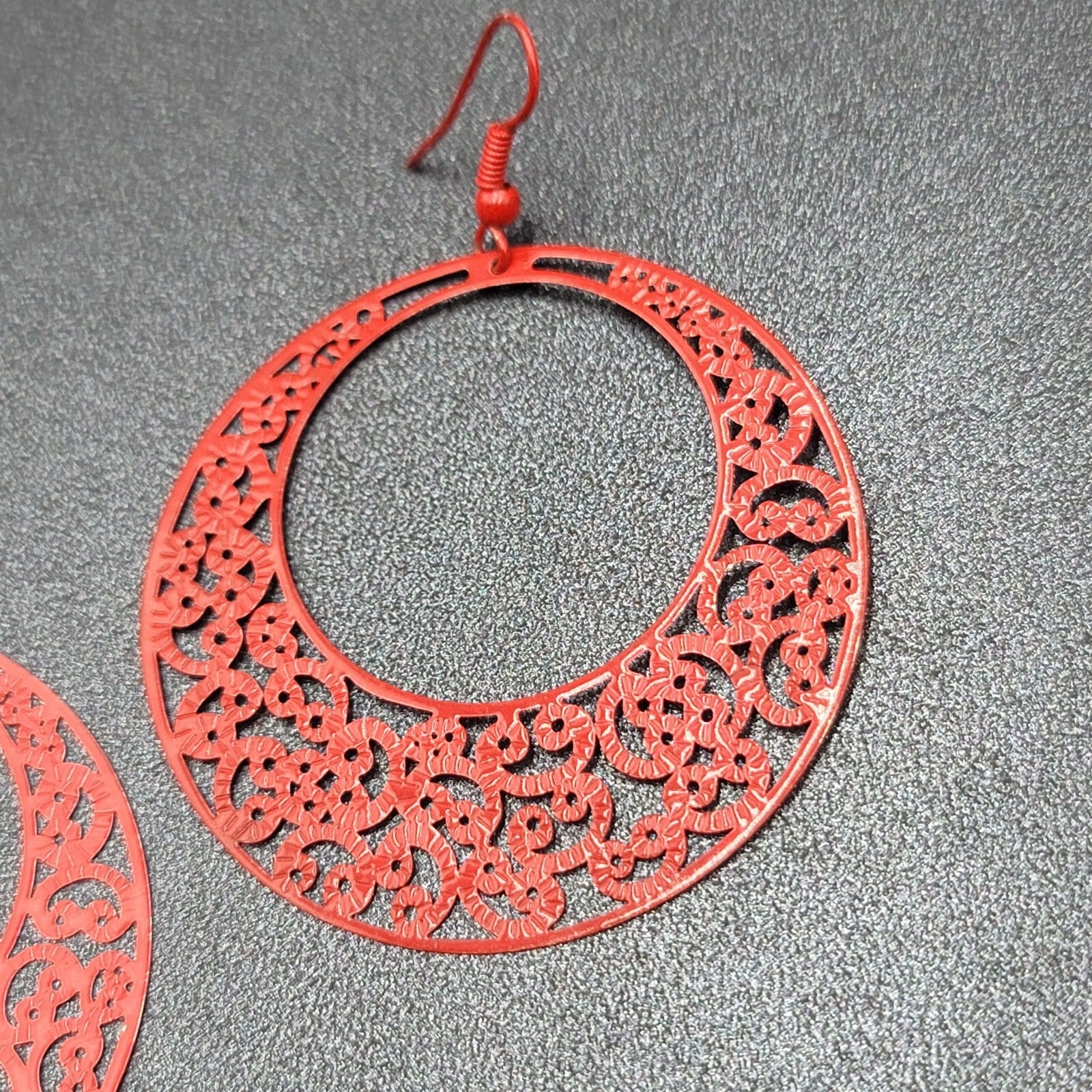 Pierced Earrings Red Enamel Filagree Statement Hoops 2"