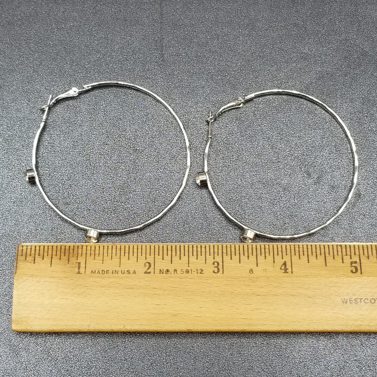 Pierced Earrings Silver tone Rhinestone Large Flat Statement Hoops 2 3/8"