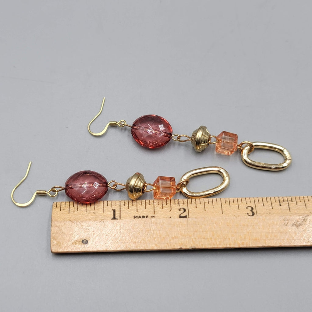 Beaded Purple Orange Pierced Earrings Gold tone Dangle Long 2.75 in