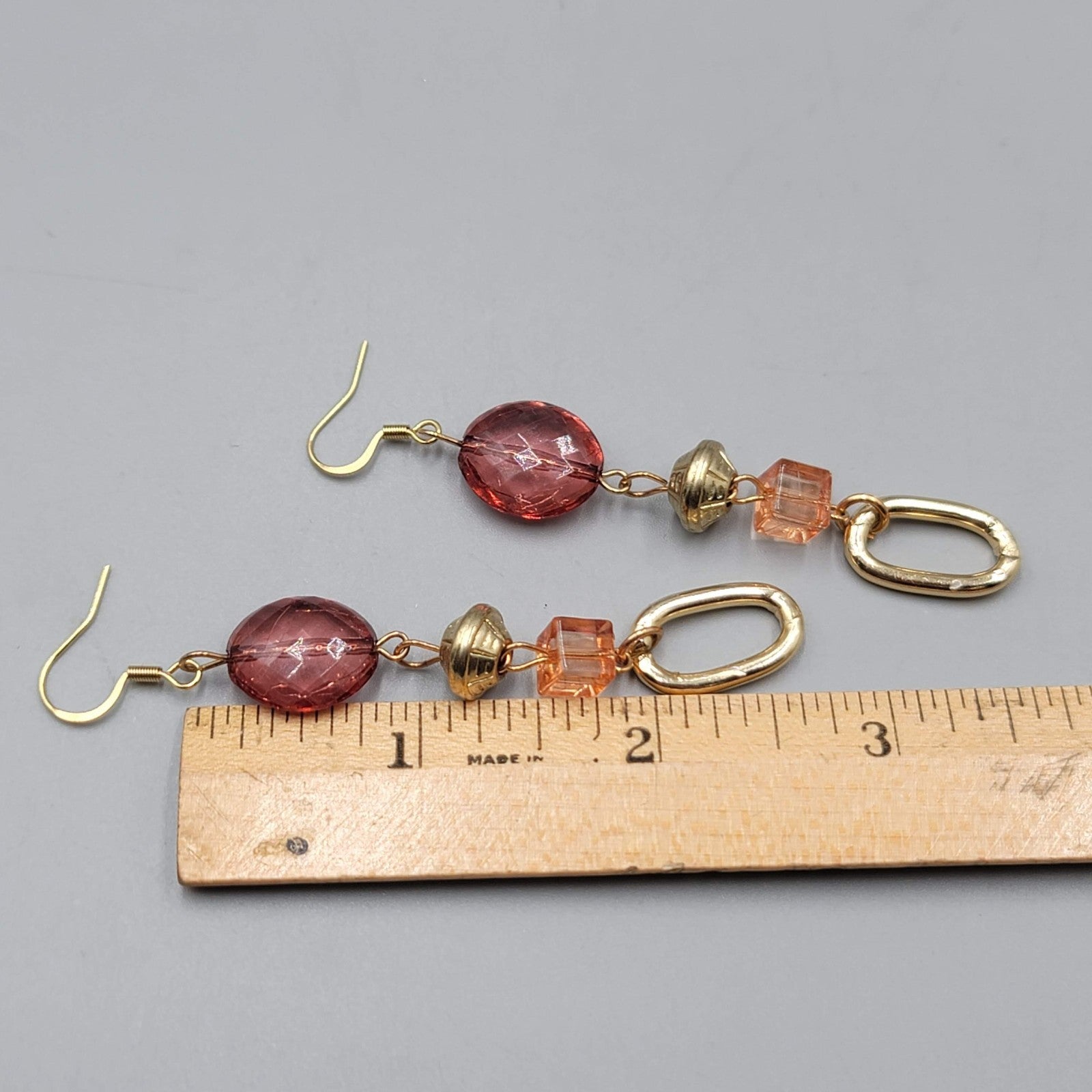 Beaded Purple Orange Pierced Earrings Gold tone Dangle Long 2.75 in