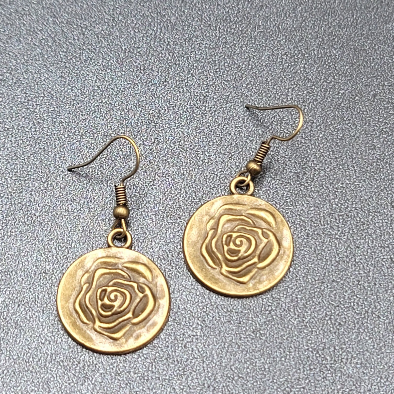 New Embossed Rose Flower Hat Pierced Earrings Bronze tone Round Dangle 1"