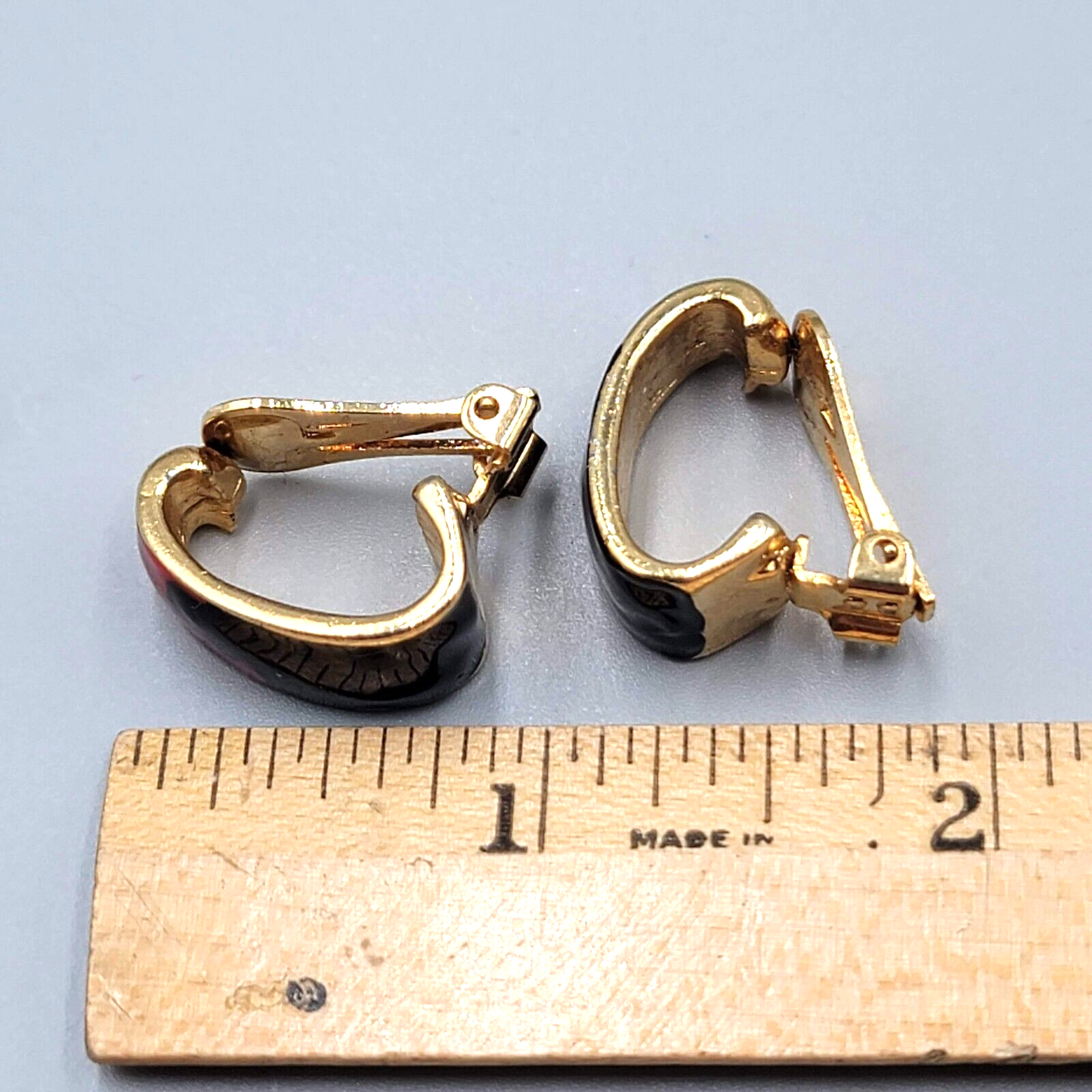 Vintage Clip on Earrings Red Black Enamel Half Hoop Gold tone 3/4"