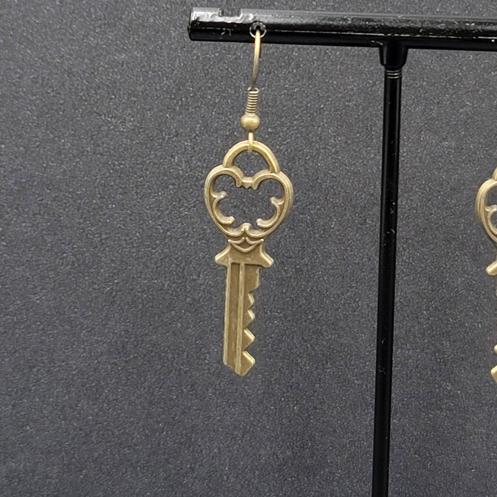 New Pierced Earrings Ornate Key Bronze tone Dangle 1.5"